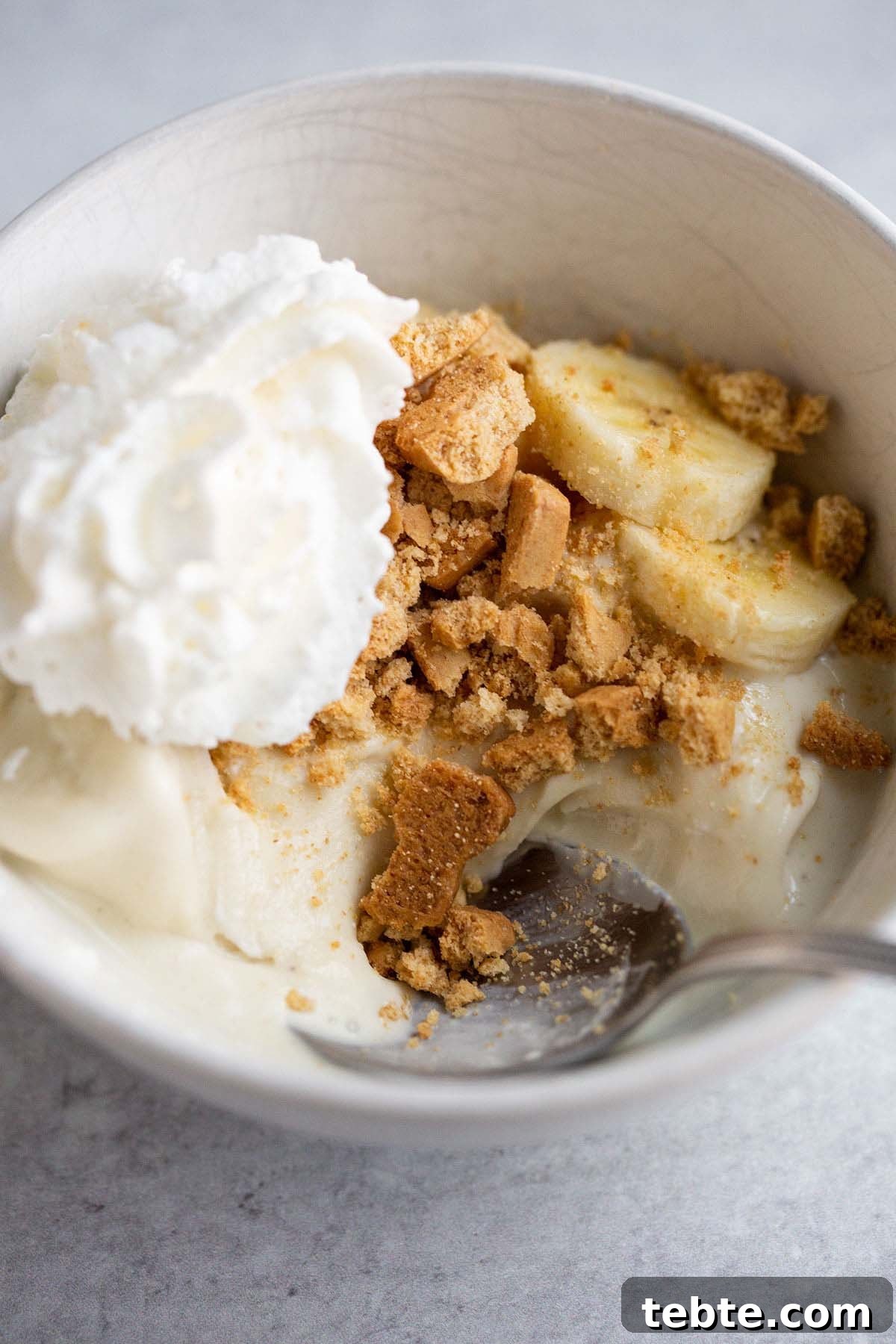 Banana Cream Pie Ice Cream Recipe for Ninja Creami 9 Ninja Creami banana cream pie ice cream topped with sliced bananas, graham crackers, and whipped cream