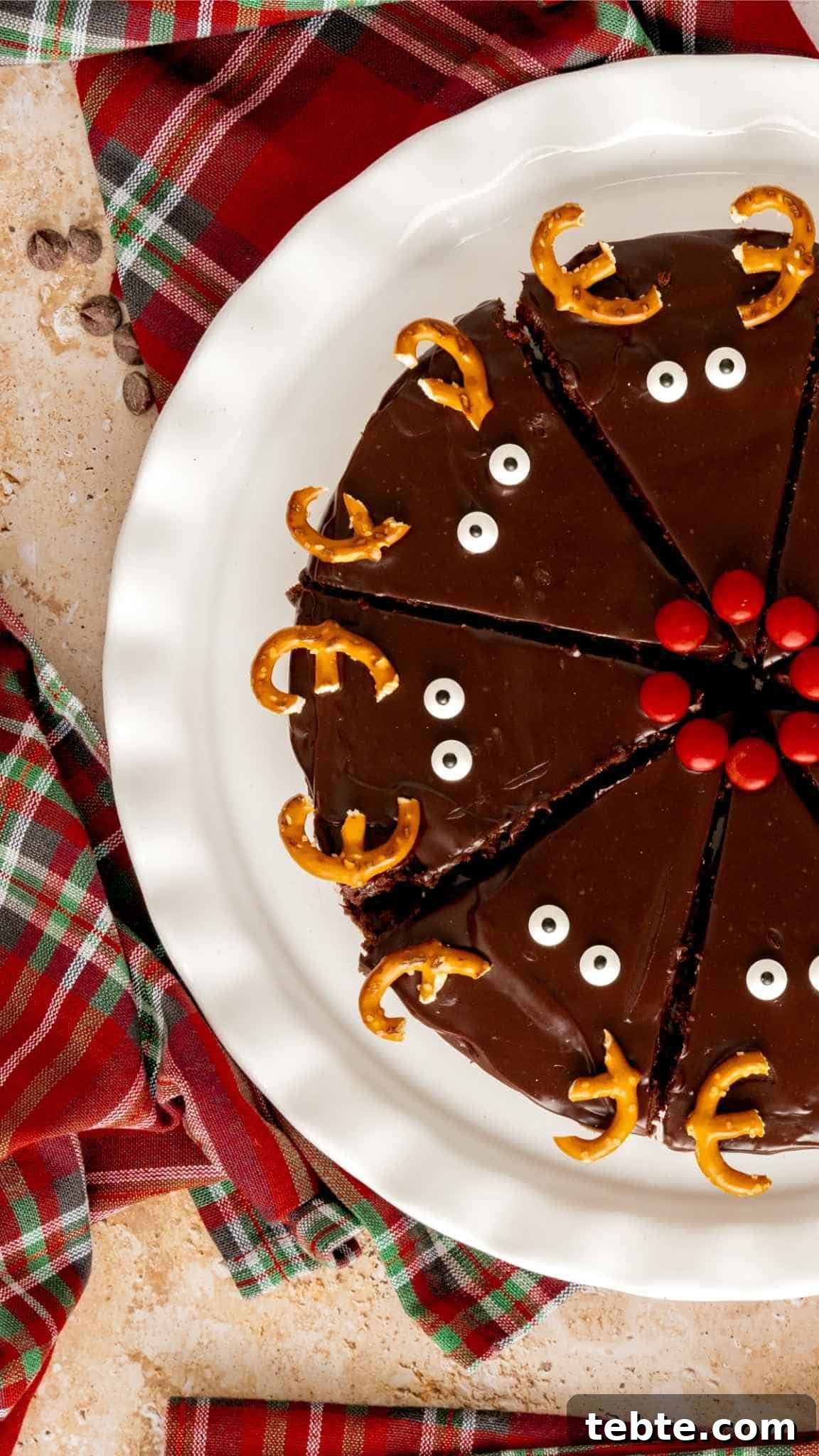 Reindeer Christmas Brownies Recipe for Festive Treats 2 Reindeer Christmas Brownies on a white serving plate decorated with pretzels, candy eyes, and red M&M's.