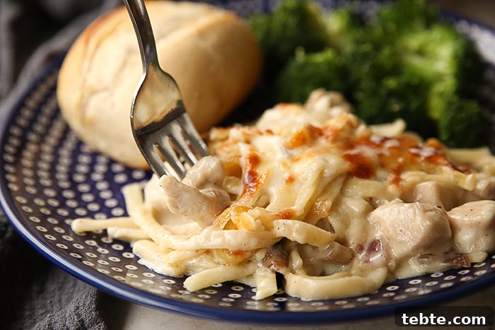 Fancy-Looking Christmas Eve Dinner Ideas for Busy Families 4 A serving of The Best Chicken Tetrazzini Recipe with a fork inserted vertically into it on a Polish pottery peacock patterned dinner plate with a serving of broccoli and a roll.