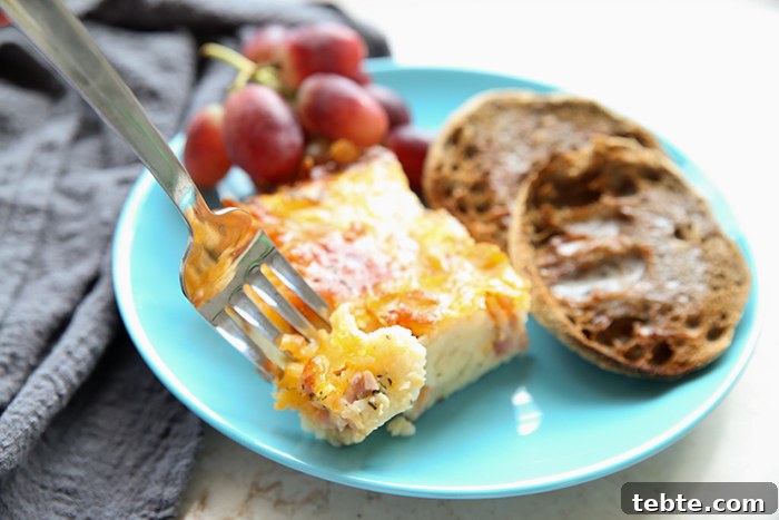 Fancy-Looking Christmas Eve Dinner Ideas for Busy Families 10 A light blue plate with a slice of breakfast casserole, a bunch of red grapes, and a whole grain buttered English muffin. A fork is placed diagonally on the corner of the casserole square. On the left is a dark grey cloth napkin.