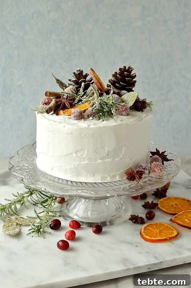 Ginger-Spiced Christmas Fruitcake with Rustic Decor 2 Moist, gingery Christmas fruitcake topped with marzipan, royal icing and rustic decorations of sugared cranberries, rosemary and bay leaves, dried orange slices, pine cones and whole spices.