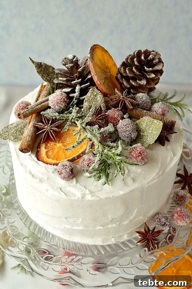 Ginger-Spiced Christmas Fruitcake with Rustic Decor 5 Gingery Christmas fruitcake topped with marzipan, royal icing, sugared cranberries, rosemary and bay leaves, dried orange slices, pine cones and whole spices - Domestic Gothess