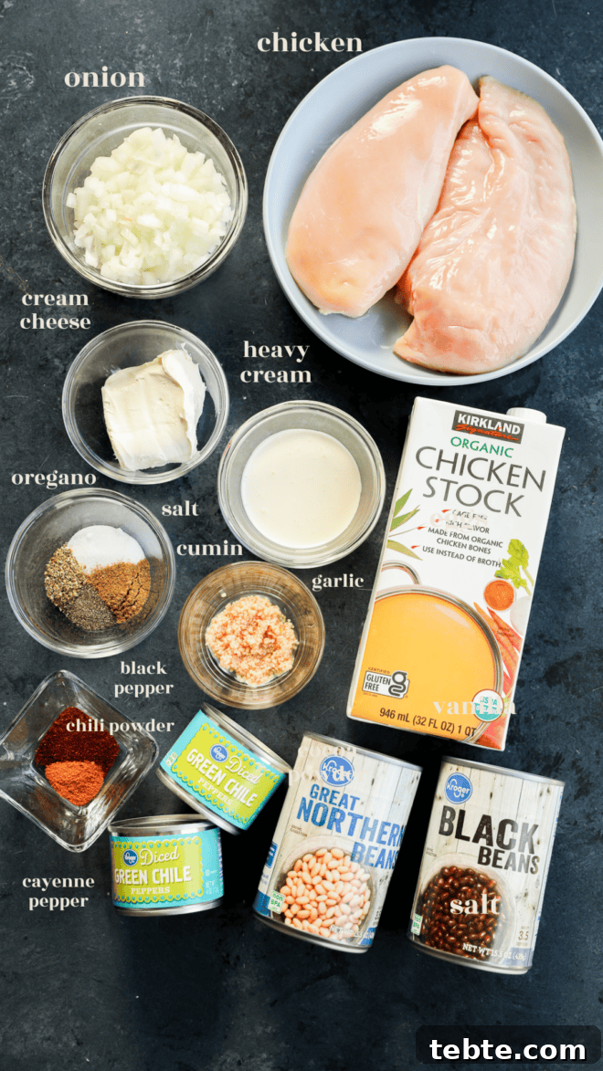 Creamy White Chicken Chili in the Slow Cooker 3 Slow cooker white chicken chili ingredients in bowls with text labels