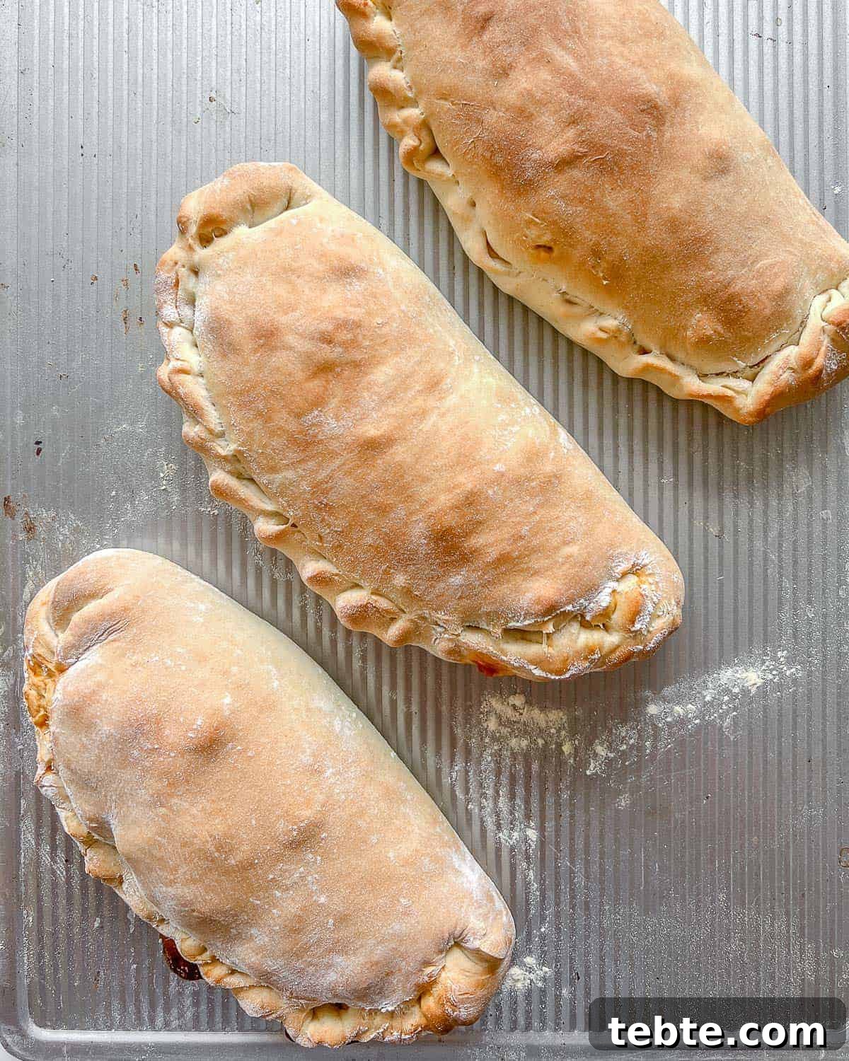 Vegan Calzones with Homemade Vegan Pizza Dough 13 three completed Marinara Calzones on a gray surface
