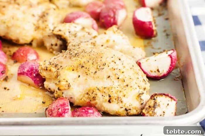 Keto Egg Roll in a Bowl: Low-Carb One-Pan Recipe 10 keto chicken thighs recipes with radishes on sheet pan after cooking