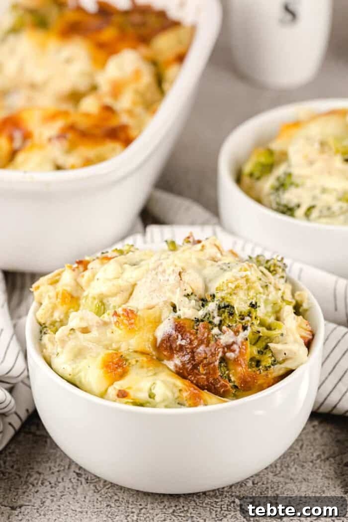 Keto Egg Roll in a Bowl: Low-Carb One-Pan Recipe 8 closeup of small white bowl containing a serving of keto chicken broccoli casserole