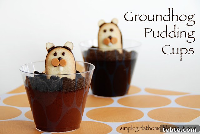 Groundhog Day pudding cups homemade with cookie 'dirt' and candy features.
