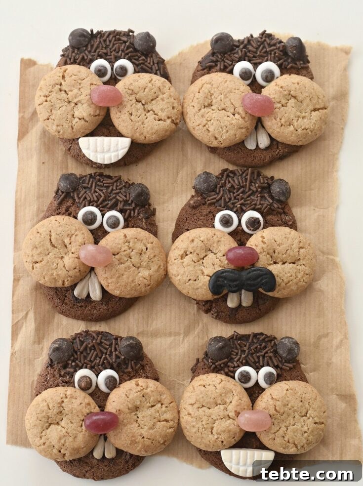 Groundhog Day cookies decorated with almond slices and edible eyes.