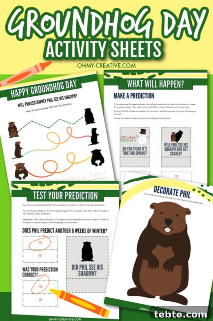 25 Groundhog Day Treats Kids Will Love 5 A collage of four printable Groundhog Day Activity pages for kids especially preschoolers.