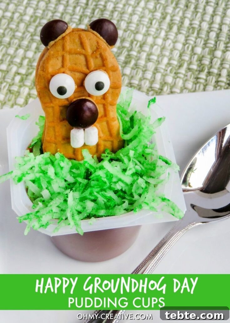 Happy Groundhog Day pudding cups decorated to look like groundhogs.