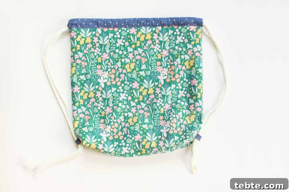 Sew a Drawstring Backpack: Step-by-Step Photo Tutorial 10 a finished handmade drawstring backpack